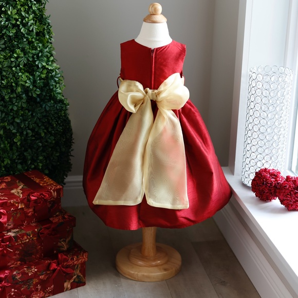 Red Sleeveless Silk Dress Gold Sash Girls 2T Special Occasion Flower Girl NWOT - Picture 3 of 6